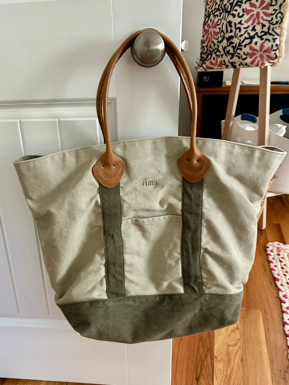 L.L. Bean Canvas Tote in Olive and Tan Leather- Excellent Condition
